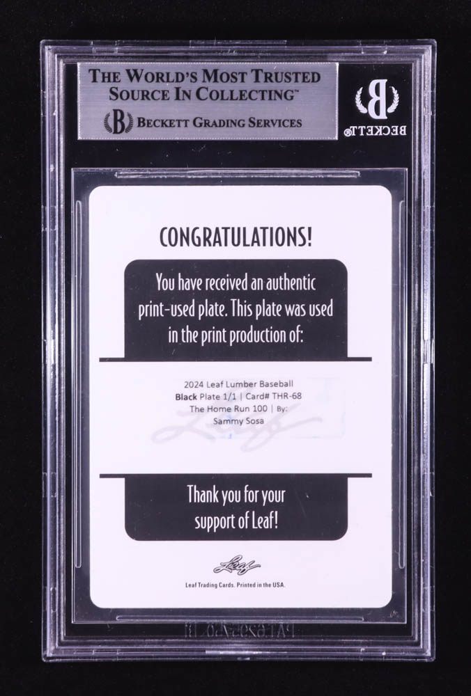 Sammy Sosa Signed 2024 Leaf Lumber The Home Run 100 Printing Plates Black #THR68 #1/1 (BGS) at PristineAuction.com Sammy Sosa Signed 2024 Leaf Lumber The Home Run 100 Printing Plates Black #THR68 #1/1 (BGS) at PristineAuction.com