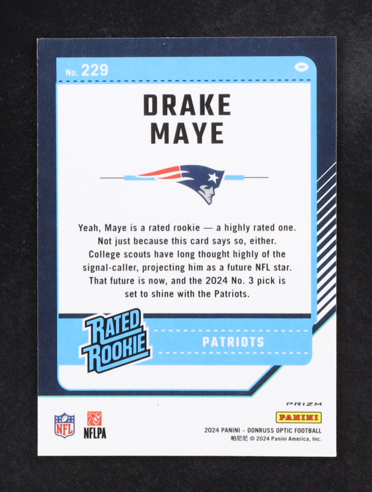 Drake Maye 2024 Donruss Optic #229 RR RC at PristineAuction.com Drake Maye 2024 Donruss Optic #229 RR RC at PristineAuction.com