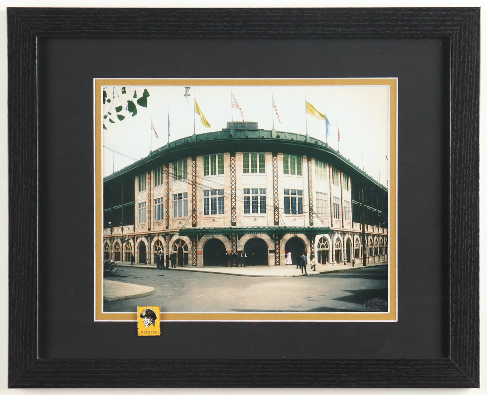 Pittsburgh Pirates Forbes Field Custom Framed Photo Display with Vintage Pirates Logo Pin at PristineAuction.com Pittsburgh Pirates Forbes Field Custom Framed Photo Display with Vintage Pirates Logo Pin at PristineAuction.com