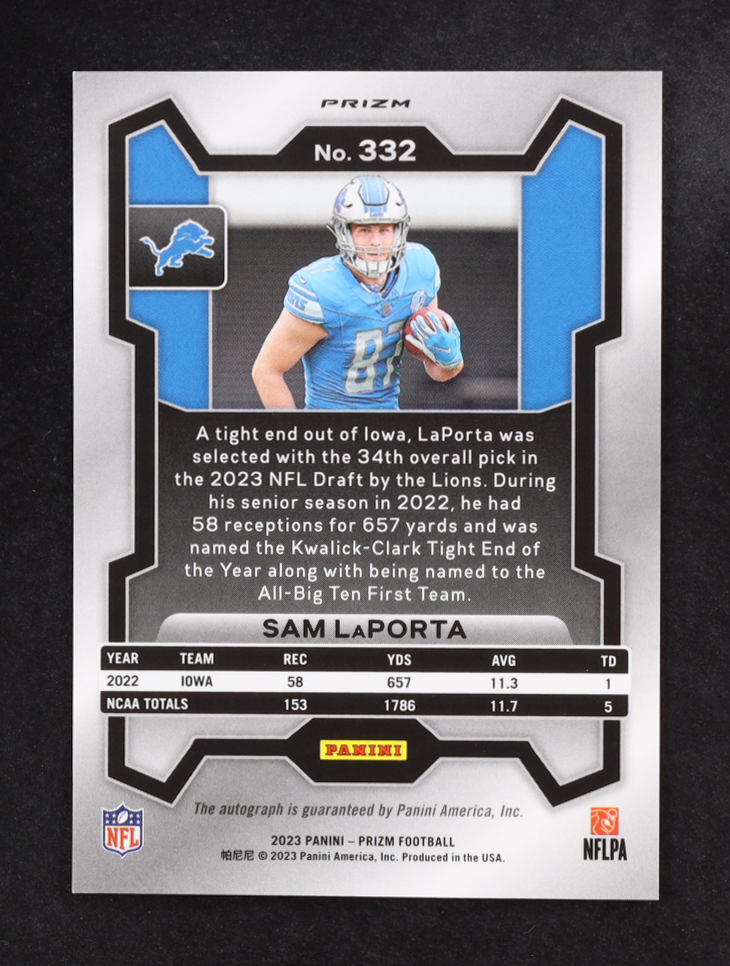Sam LaPorta 2023 Panini Prizm Autographs Prizms Silver #332 RC at PristineAuction.com Sam LaPorta 2023 Panini Prizm Autographs Prizms Silver #332 RC at PristineAuction.com