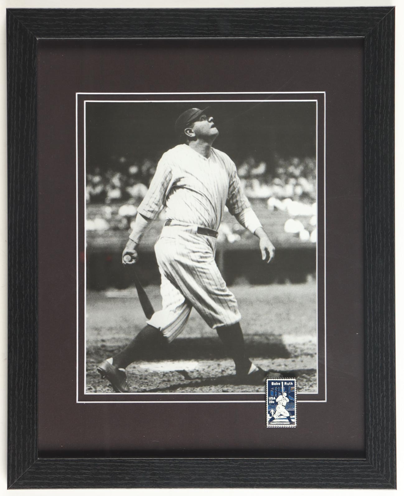 Babe Ruth Yankees "Home Run Swing" Custom Framed Photo Display with Vintage Ruth Pin at PristineAuction.com Babe Ruth Yankees "Home Run Swing" Custom Framed Photo Display with Vintage Ruth Pin at PristineAuction.com