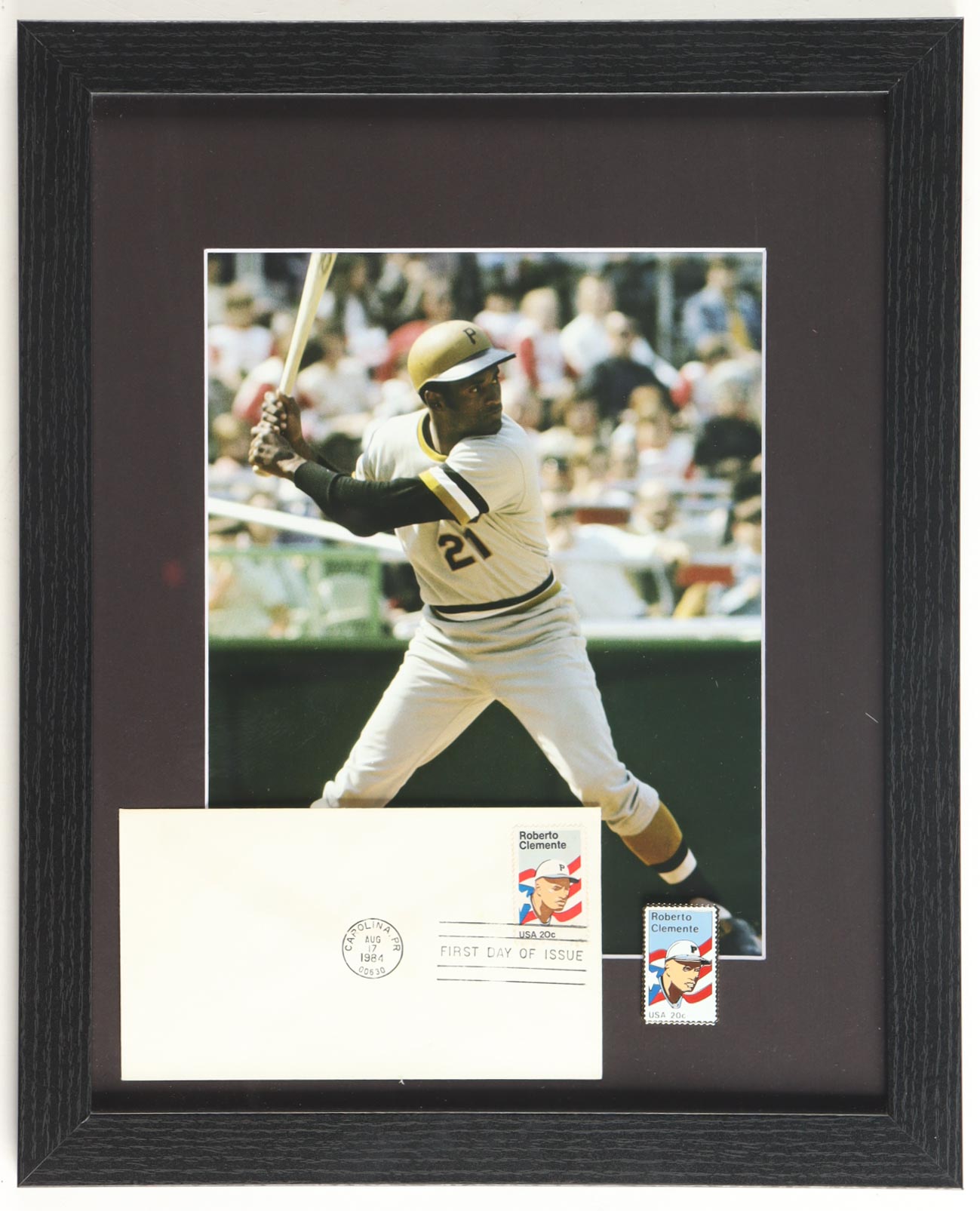 Roberto Clemente Pittsburgh Pirates Custom Framed Photo Display with Vintage Clemente Pin & First Day Issue Envelope at PristineAuction.com Roberto Clemente Pittsburgh Pirates Custom Framed Photo Display with Vintage Clemente Pin & First Day Issue Envelope at PristineAuction.com