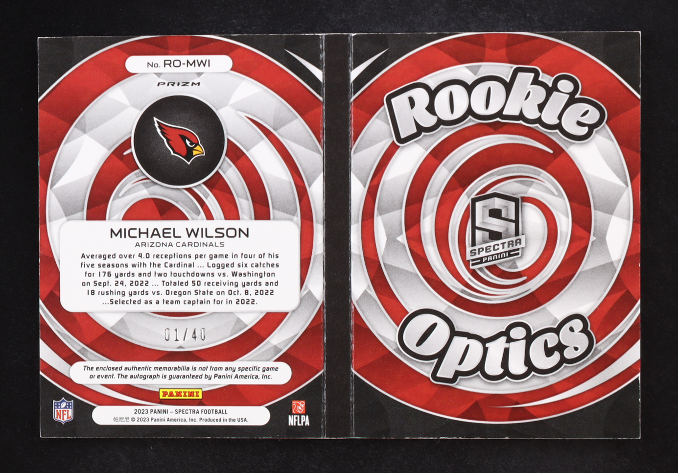 Michael Wilson 2023 Panini Spectra Rookie Optics Patch Autographs Hyper Black Light #27 #01/40 RC at PristineAuction.com Michael Wilson 2023 Panini Spectra Rookie Optics Patch Autographs Hyper Black Light #27 #01/40 RC at PristineAuction.com