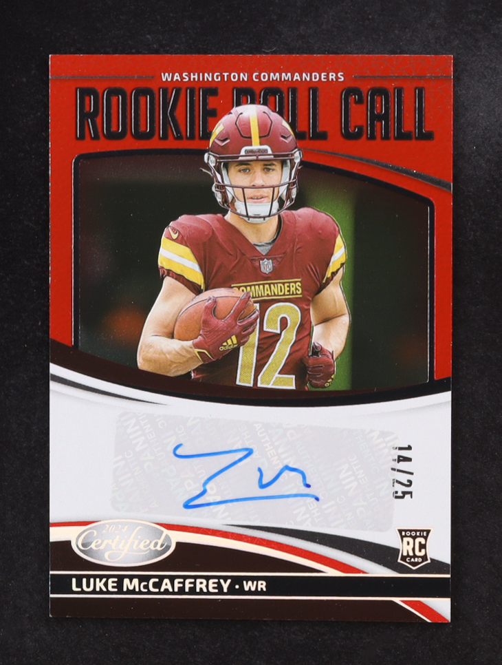 Luke McCaffrey 2024 Certified Rookie Roll Call Signatures Red Etch #14 #14/25 RC at PristineAuction.com Luke McCaffrey 2024 Certified Rookie Roll Call Signatures Red Etch #14 #14/25 RC at PristineAuction.com