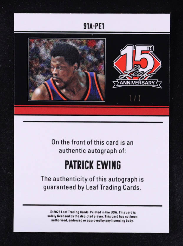 Patrick Ewing 2025 Leaf 15th Anniversary Purple Autographs #91A-PE1 #1/1 at PristineAuction.com Patrick Ewing 2025 Leaf 15th Anniversary Purple Autographs #91A-PE1 #1/1 at PristineAuction.com