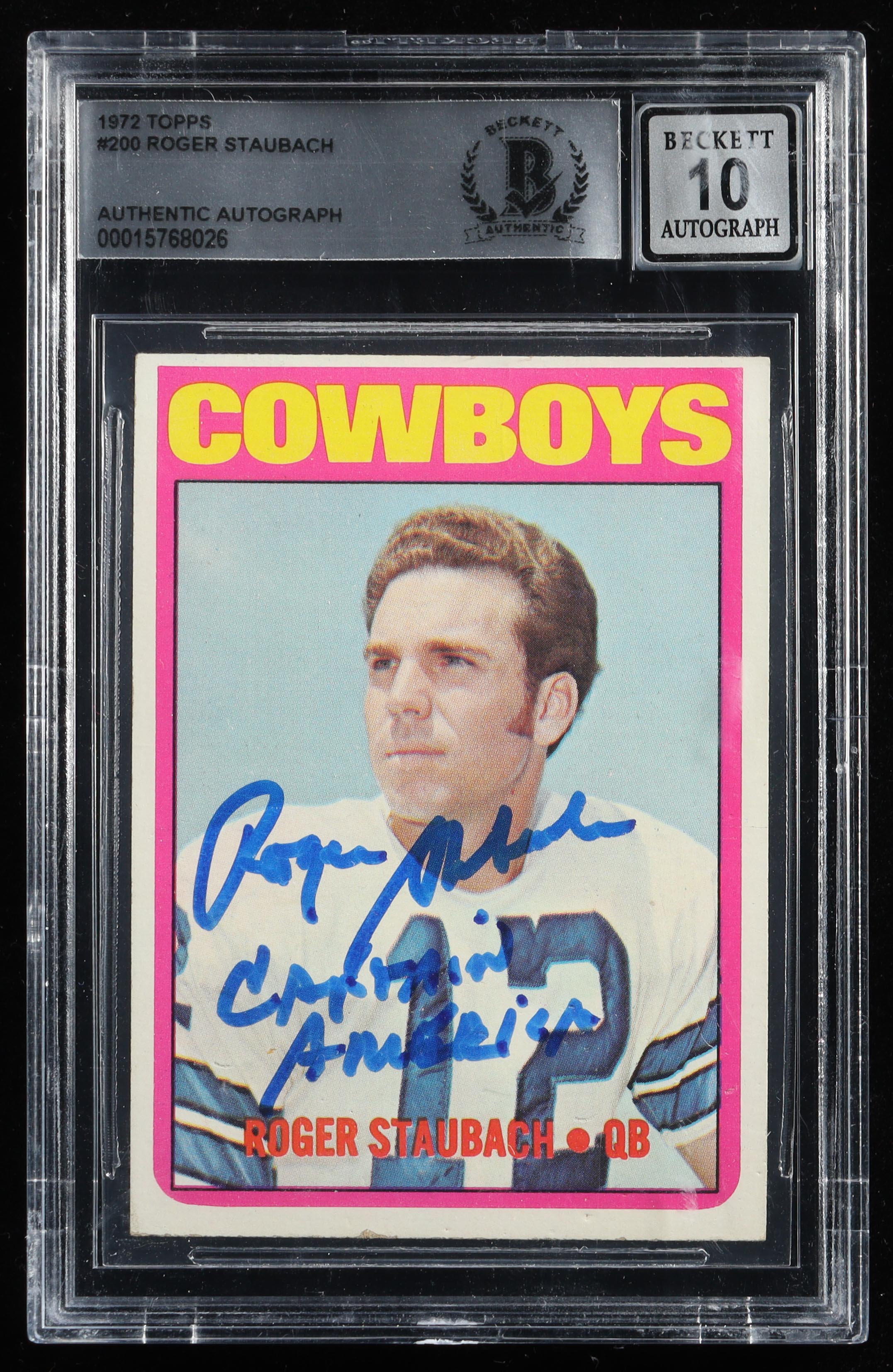 Roger Staubach Signed 1972 Topps #200 RC Inscribed "Captain America" (BGS | Auto 10) at PristineAuction.com Roger Staubach Signed 1972 Topps #200 RC Inscribed "Captain America" (BGS | Auto 10) at PristineAuction.com