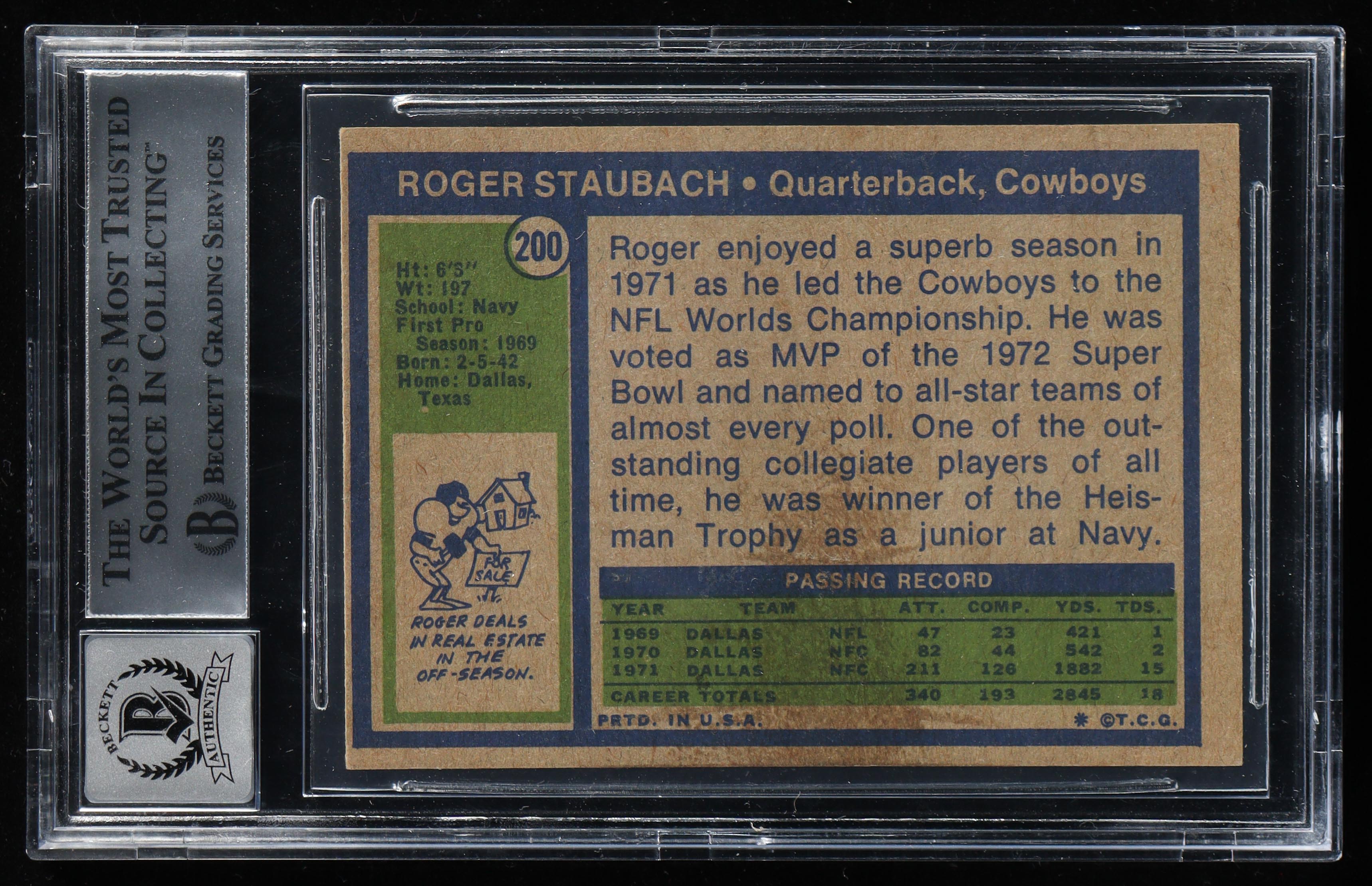 Roger Staubach Signed 1972 Topps #200 RC Inscribed "Captain America" (BGS | Auto 10) at PristineAuction.com Roger Staubach Signed 1972 Topps #200 RC Inscribed "Captain America" (BGS | Auto 10) at PristineAuction.com