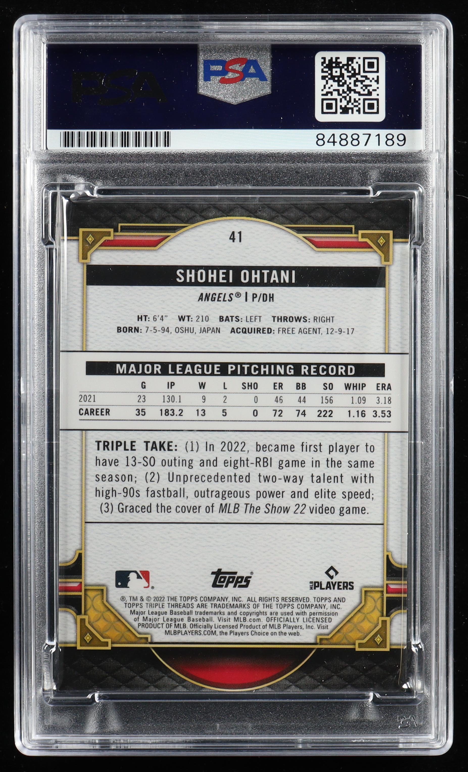 Shohei Ohtani Signed 2022 Topps Triple Threads #41 (PSA | Auto 10) at PristineAuction.com Shohei Ohtani Signed 2022 Topps Triple Threads #41 (PSA | Auto 10) at PristineAuction.com