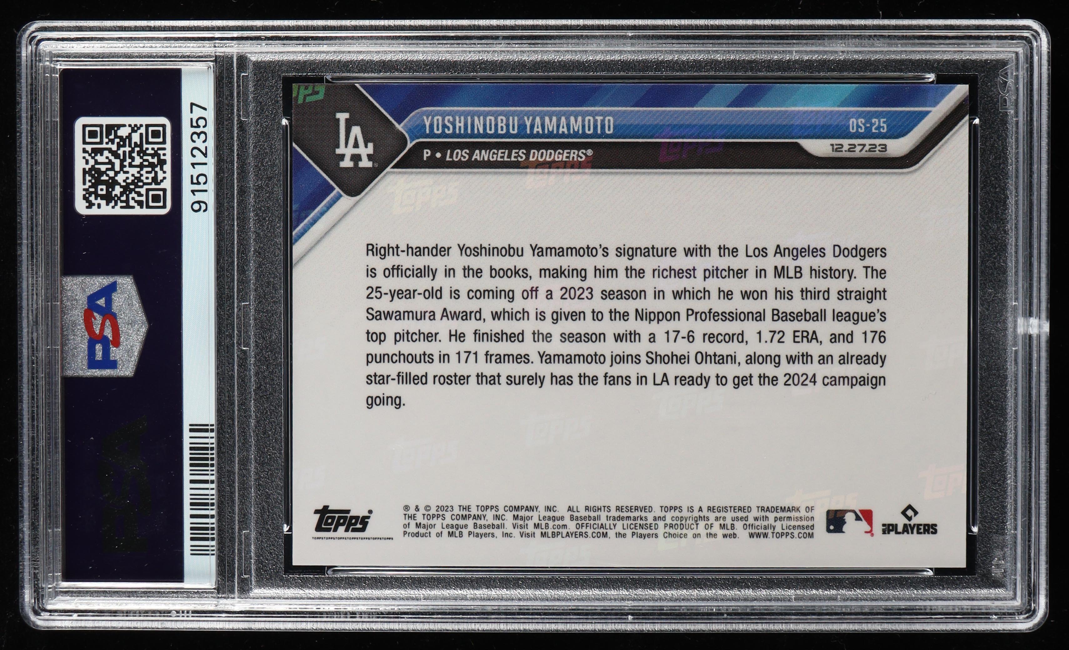 Yoshinobu Yamamoto Signed 2023 Topps Now Offseason #OS25 RC (PSA 10) at PristineAuction.com Yoshinobu Yamamoto Signed 2023 Topps Now Offseason #OS25 RC (PSA 10) at PristineAuction.com