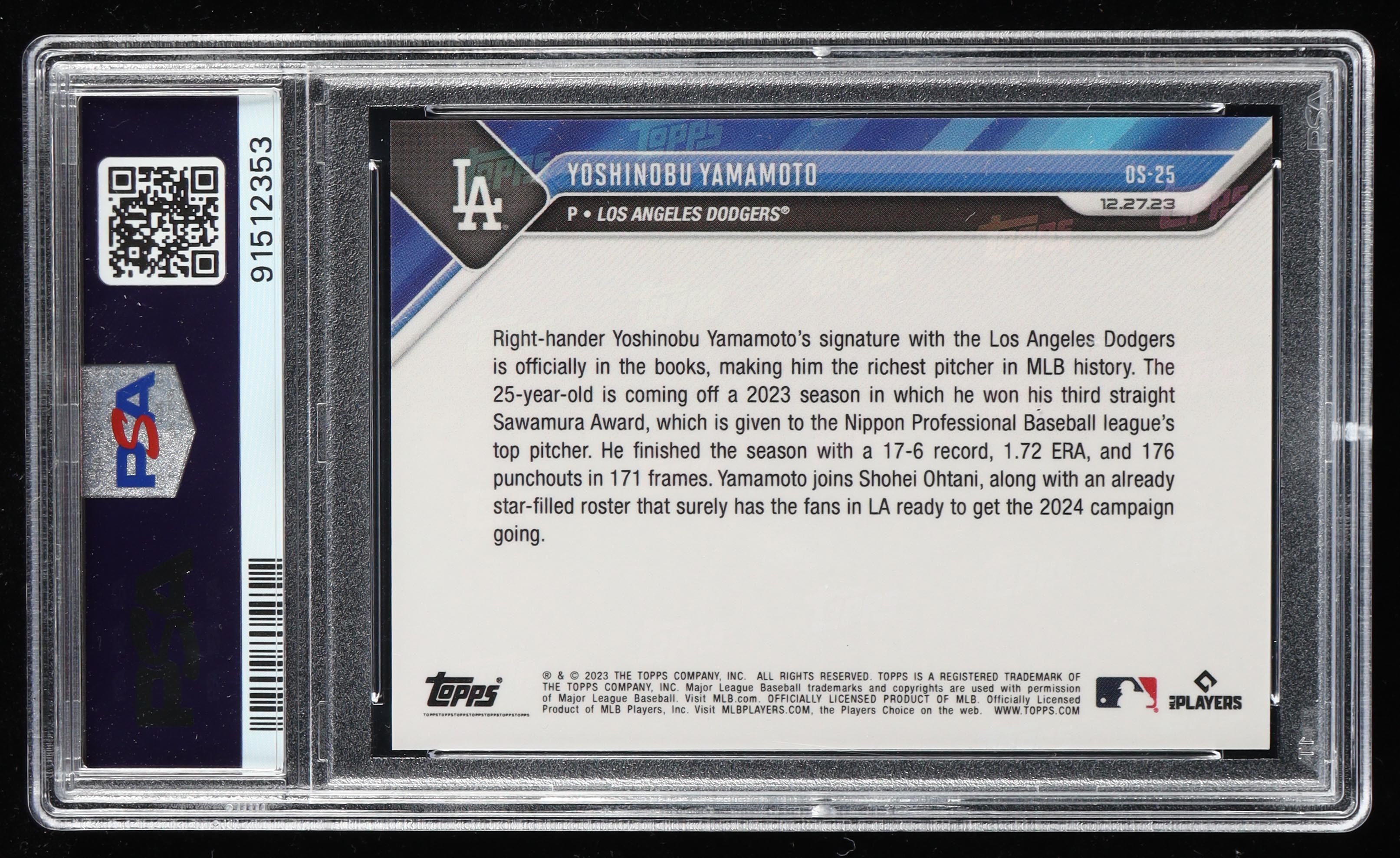 Yoshinobu Yamamoto Signed 2023 Topps Now Offseason #OS25 RC (PSA 10) at PristineAuction.com Yoshinobu Yamamoto Signed 2023 Topps Now Offseason #OS25 RC (PSA 10) at PristineAuction.com