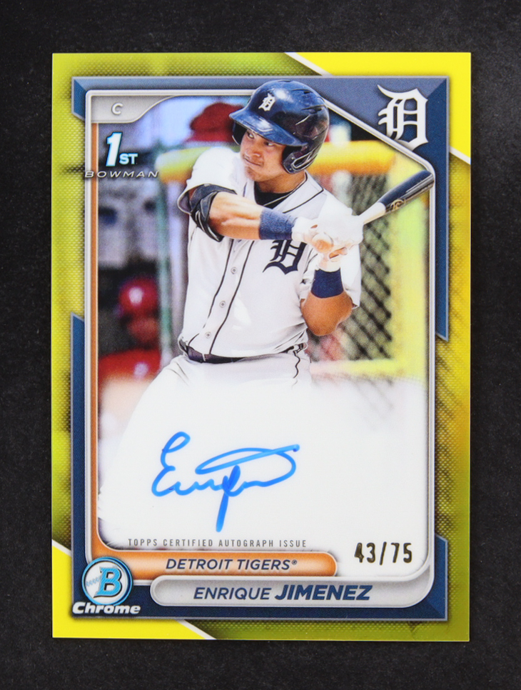 Enrique Jimenez 2024 Bowman Chrome Prospect Autographs Yellow Refractors #CPAEJ #43/75 at PristineAuction.com Enrique Jimenez 2024 Bowman Chrome Prospect Autographs Yellow Refractors #CPAEJ #43/75 at PristineAuction.com