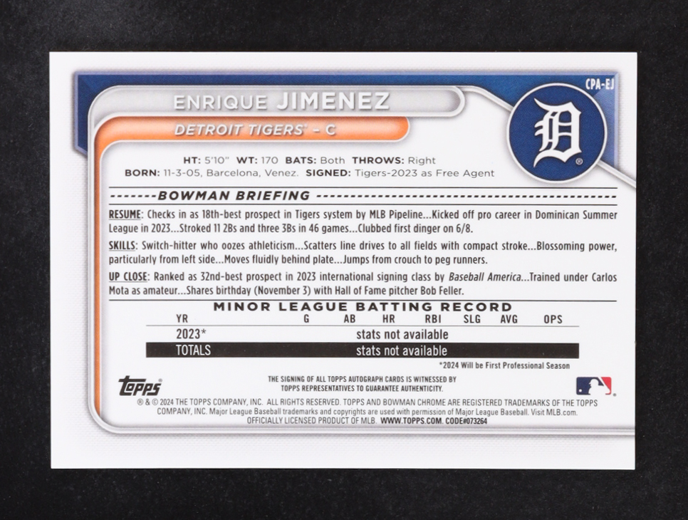 Enrique Jimenez 2024 Bowman Chrome Prospect Autographs Yellow Refractors #CPAEJ #43/75 at PristineAuction.com Enrique Jimenez 2024 Bowman Chrome Prospect Autographs Yellow Refractors #CPAEJ #43/75 at PristineAuction.com