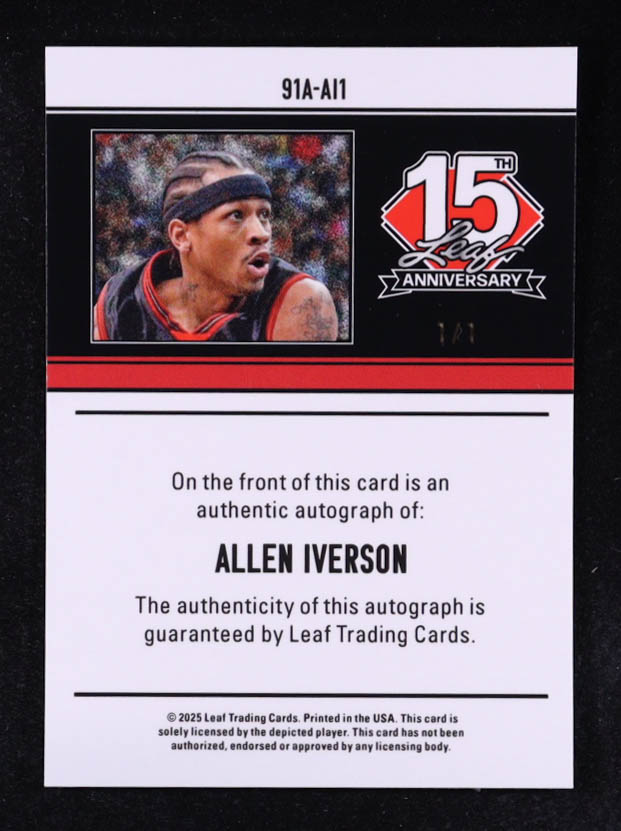 Allen Iverson 2025 Leaf 15th Anniversary Autographs #91A-AI1 #1/1 at PristineAuction.com Allen Iverson 2025 Leaf 15th Anniversary Autographs #91A-AI1 #1/1 at PristineAuction.com
