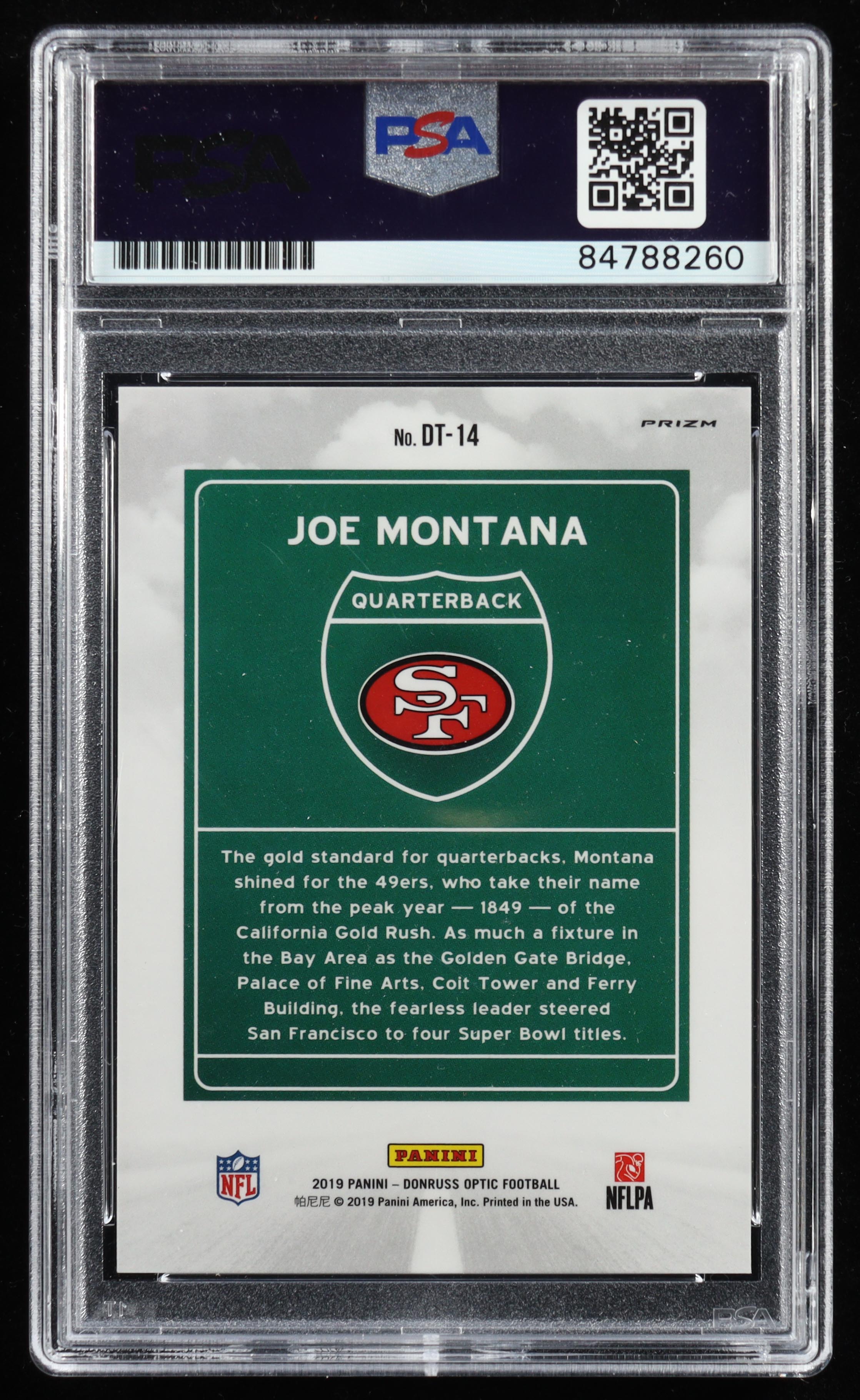 Joe Montana Signed 2019 Donruss Optic Downtown #DT14 (PSA) at PristineAuction.com Joe Montana Signed 2019 Donruss Optic Downtown #DT14 (PSA) at PristineAuction.com