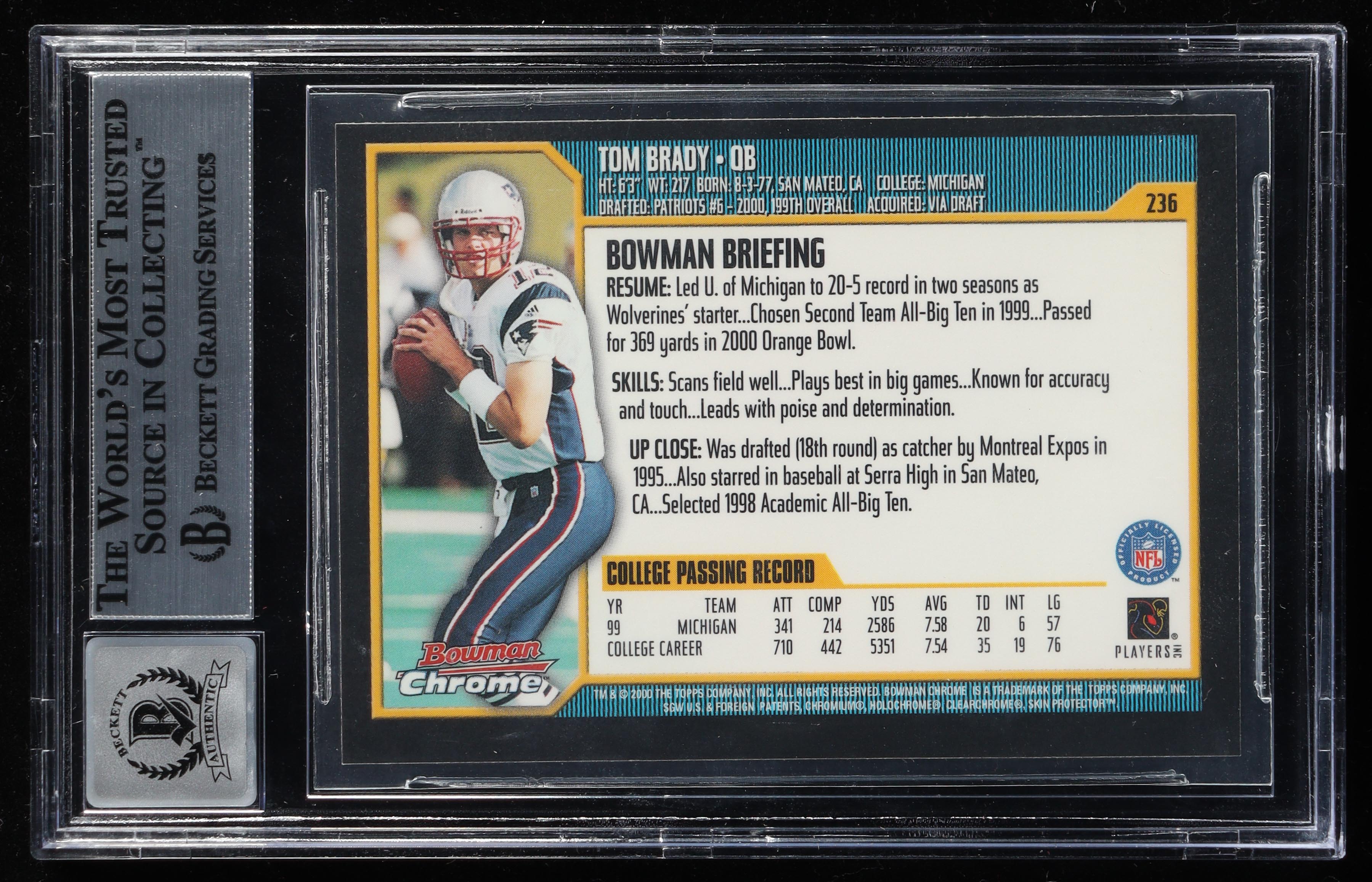 Tom Brady Signed 2000 Bowman Chrome #236 RC (BGS | Auto 10) at PristineAuction.com Tom Brady Signed 2000 Bowman Chrome #236 RC (BGS | Auto 10) at PristineAuction.com