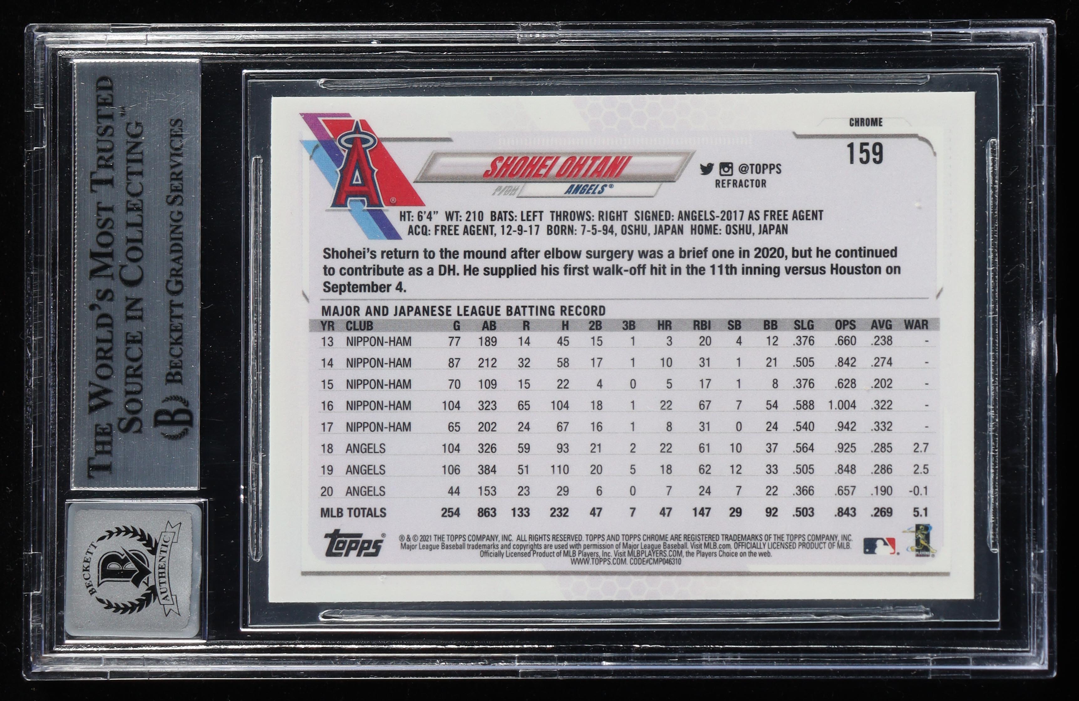 Shohei Ohtani Signed 2021 Topps Chrome Refractor #159 (BGS | Auto 10) at PristineAuction.com Shohei Ohtani Signed 2021 Topps Chrome Refractor #159 (BGS | Auto 10) at PristineAuction.com