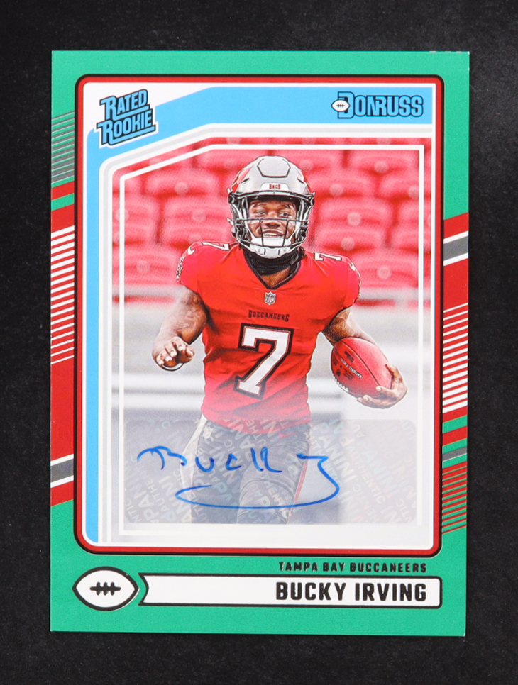 Bucky Irving 2024 Donruss Rated Rookies Autographs Green #301 RC at PristineAuction.com Bucky Irving 2024 Donruss Rated Rookies Autographs Green #301 RC at PristineAuction.com