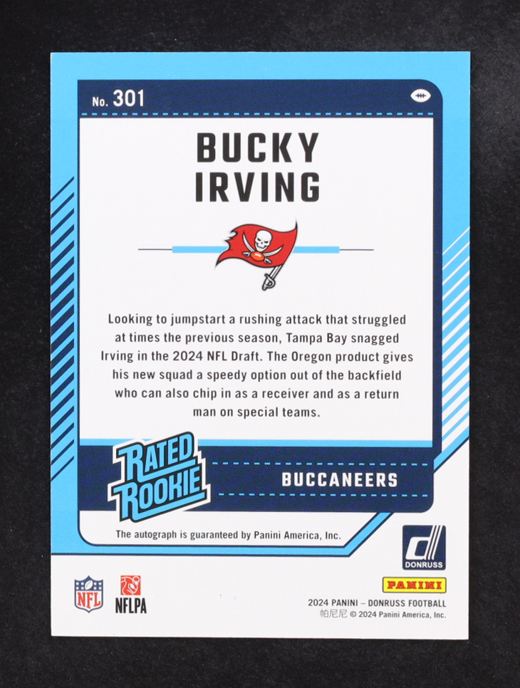 Bucky Irving 2024 Donruss Rated Rookies Autographs Green #301 RC at PristineAuction.com Bucky Irving 2024 Donruss Rated Rookies Autographs Green #301 RC at PristineAuction.com