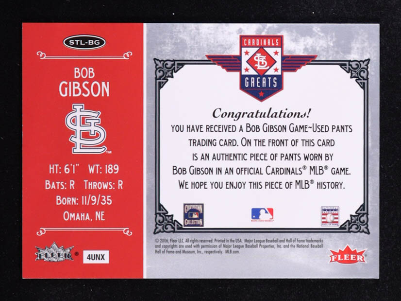 Bob Gibson 2006 Fleer Greats Of The Game Cardinals Greats Memorabilia #STL-BG at PristineAuction.com Bob Gibson 2006 Fleer Greats Of The Game Cardinals Greats Memorabilia #STL-BG at PristineAuction.com