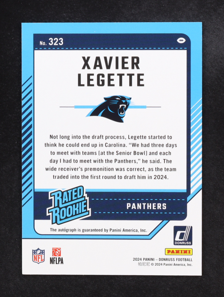Xavier Legette 2024 Donruss Rated Rookies Autographs Green #323 RC at PristineAuction.com Xavier Legette 2024 Donruss Rated Rookies Autographs Green #323 RC at PristineAuction.com