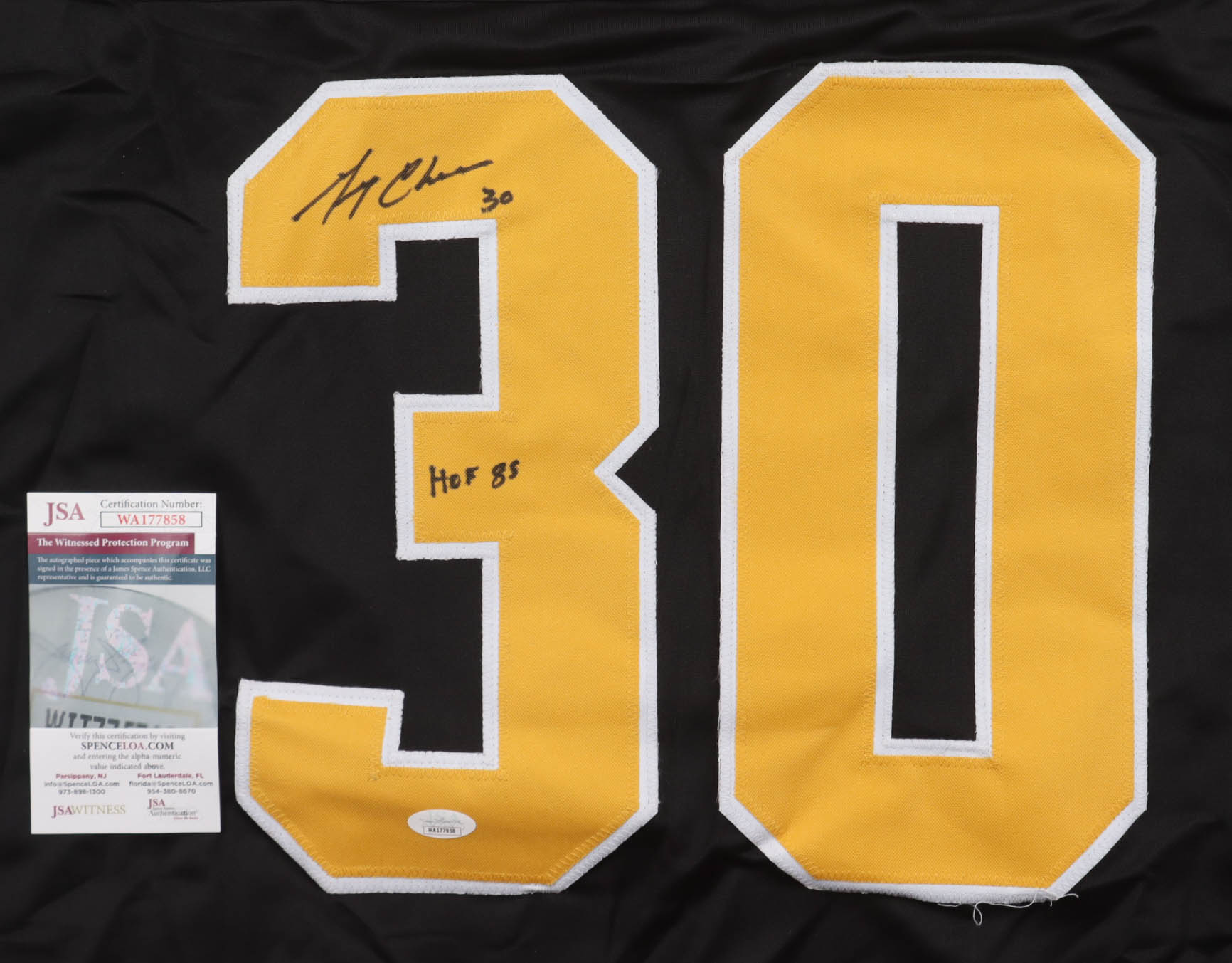 Gerry Cheevers Signed Jersey Inscribed "HOF 85" (JSA) at PristineAuction.com Gerry Cheevers Signed Jersey Inscribed "HOF 85" (JSA) at PristineAuction.com