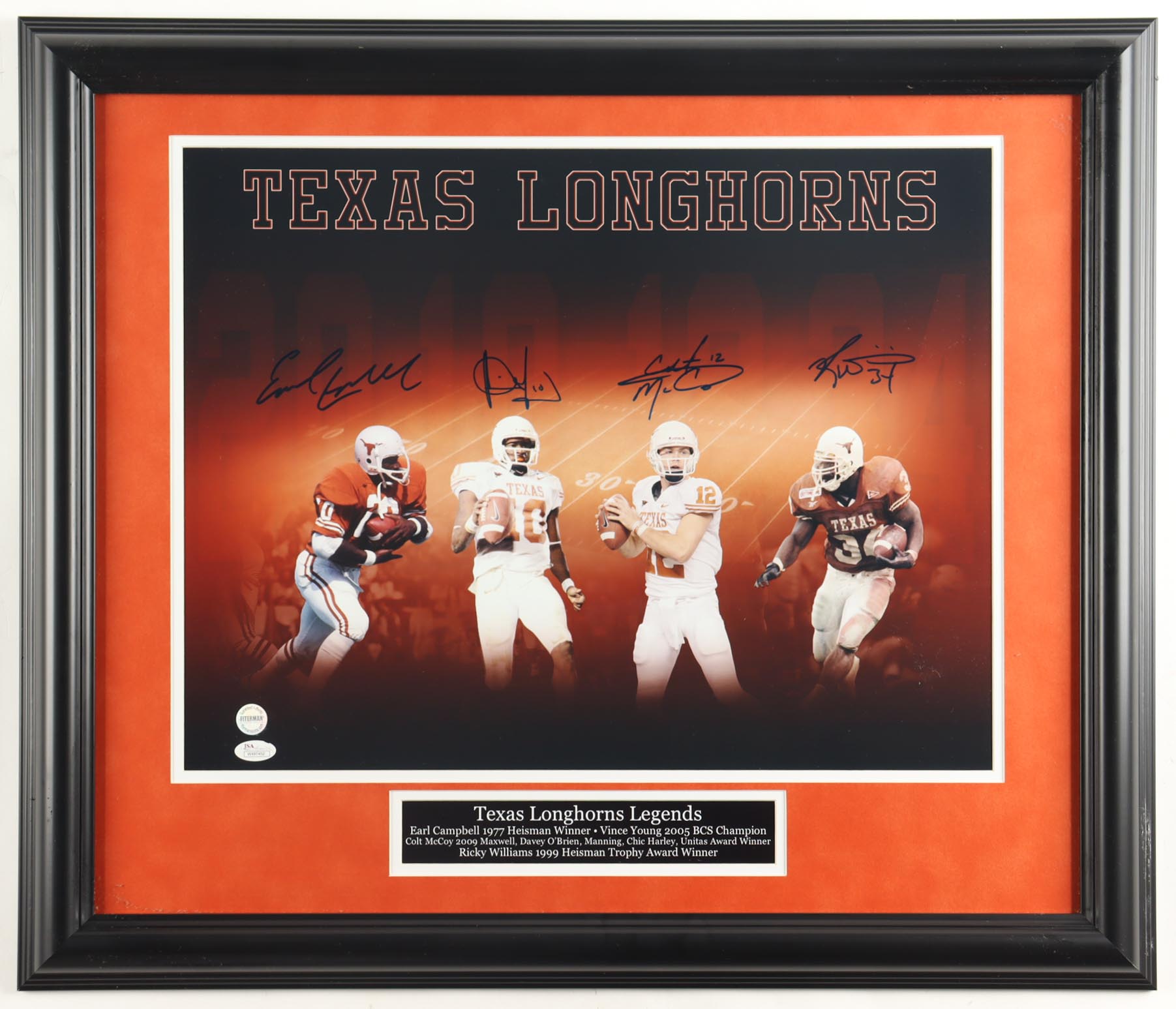 Texas Longhorns Custom Framed Photo Display Signed By (4) with Earl Campbell, Ricky Williams, Vince Young & Colt McCoy (Fiterman Sports & JSA) at PristineAuction.com Texas Longhorns Custom Framed Photo Display Signed By (4) with Earl Campbell, Ricky Williams, Vince Young & Colt McCoy (Fiterman Sports & JSA) at PristineAuction.com