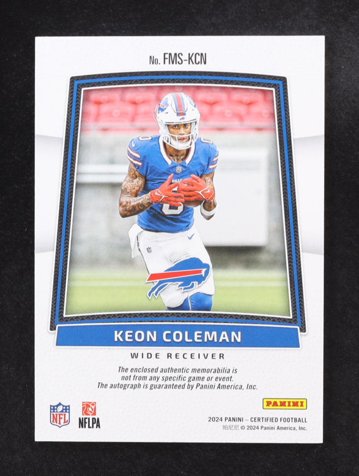 Keon Coleman 2024 Certified Freshman Fabric Mirror Signatures #17 #110/399 RC at PristineAuction.com Keon Coleman 2024 Certified Freshman Fabric Mirror Signatures #17 #110/399 RC at PristineAuction.com