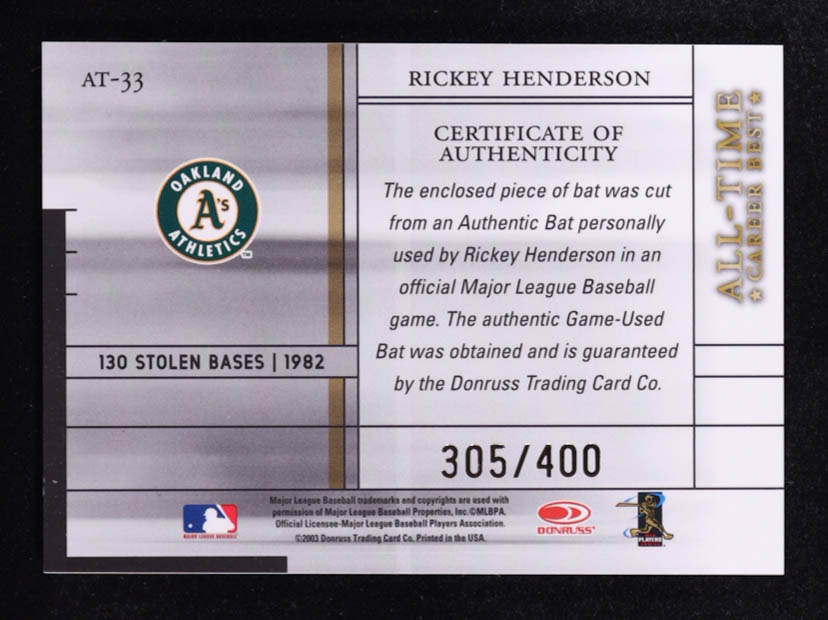 Rickey Henderson 2003 Donruss Elite All-Time Career Best Game-Used Bat #AT-33 #305/400 at PristineAuction.com Rickey Henderson 2003 Donruss Elite All-Time Career Best Game-Used Bat #AT-33 #305/400 at PristineAuction.com