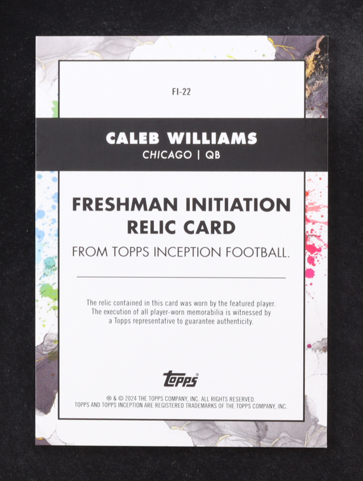 Caleb Williams 2024 Topps Inception Freshman Initiation Jerseys #FI22 #072/150 RC at PristineAuction.com Caleb Williams 2024 Topps Inception Freshman Initiation Jerseys #FI22 #072/150 RC at PristineAuction.com
