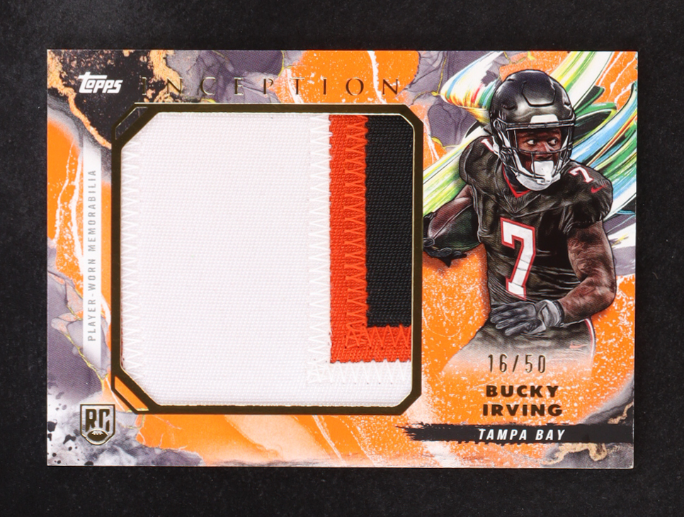 Bucky Irving 2024 Topps Inception Rookie Jumbo Relics Orange #RJRBI #16/50 RC at PristineAuction.com Bucky Irving 2024 Topps Inception Rookie Jumbo Relics Orange #RJRBI #16/50 RC at PristineAuction.com