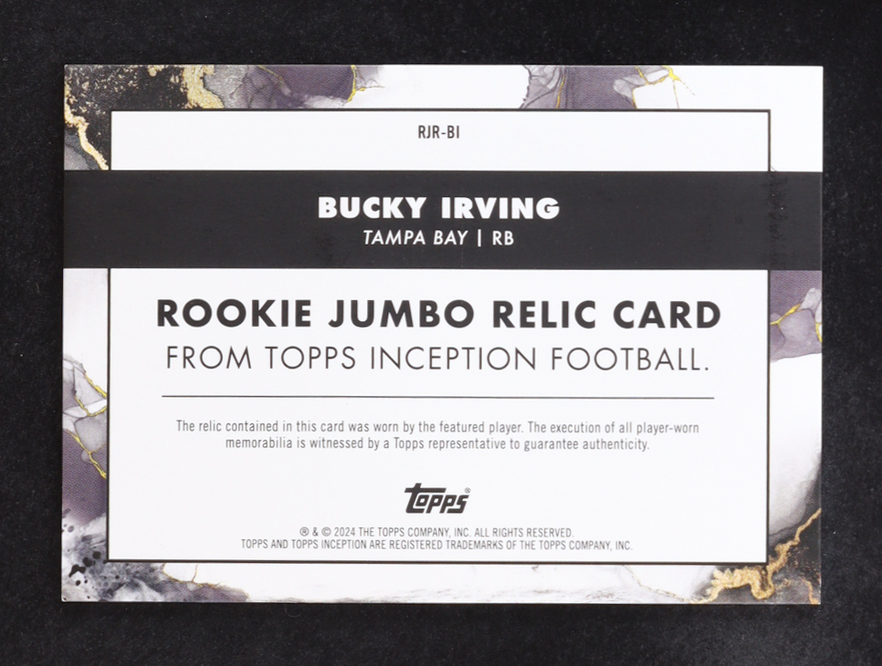 Bucky Irving 2024 Topps Inception Rookie Jumbo Relics Orange #RJRBI #16/50 RC at PristineAuction.com Bucky Irving 2024 Topps Inception Rookie Jumbo Relics Orange #RJRBI #16/50 RC at PristineAuction.com