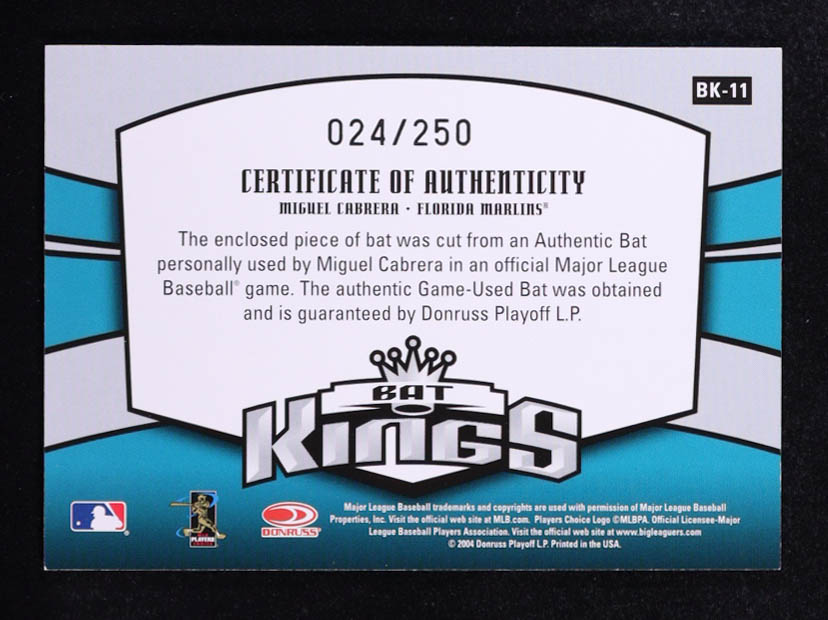 Miguel Cabrera 2005 Donruss Bat Kings Game-Used Bat #BK-11 #024/250 at PristineAuction.com Miguel Cabrera 2005 Donruss Bat Kings Game-Used Bat #BK-11 #024/250 at PristineAuction.com
