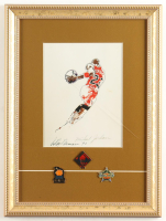 Leroy Neiman Signed Michael Jordan Custom Framed Art Print Display with (3) Chicago Bulls Pins at PristineAuction.com