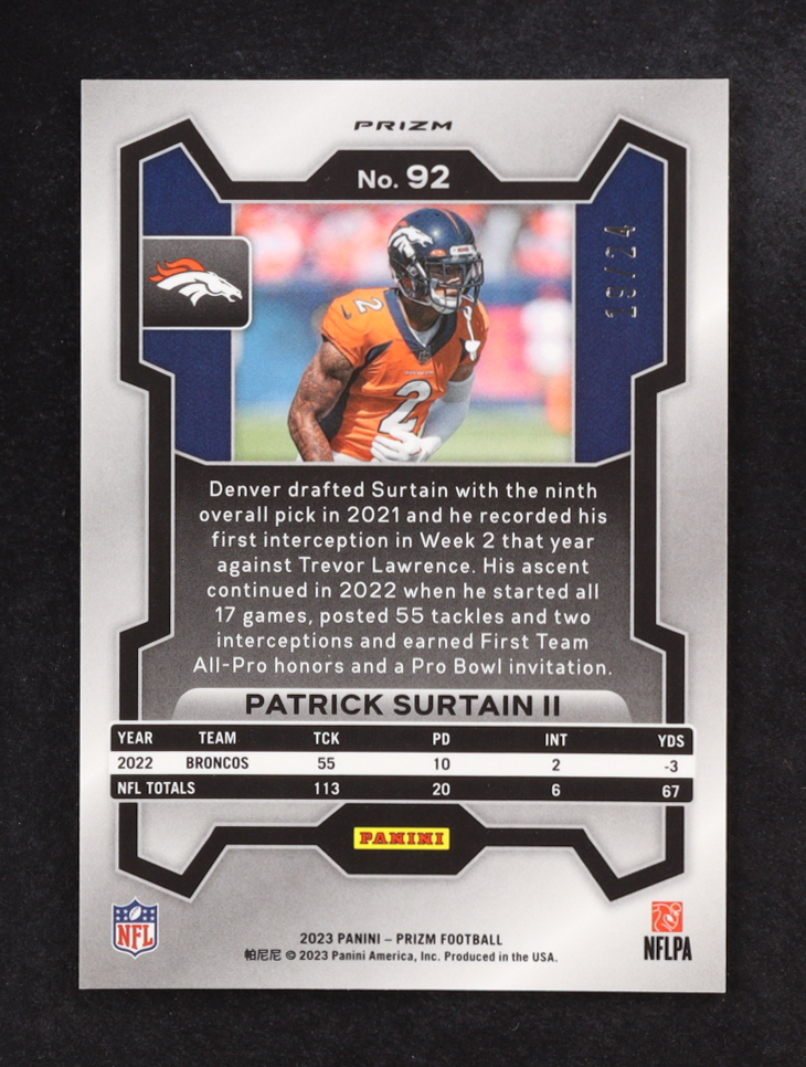 Patrick Surtain II 2023 Panini Prizm Prizms Gold Sparkle #92 #19/24 at PristineAuction.com Patrick Surtain II 2023 Panini Prizm Prizms Gold Sparkle #92 #19/24 at PristineAuction.com
