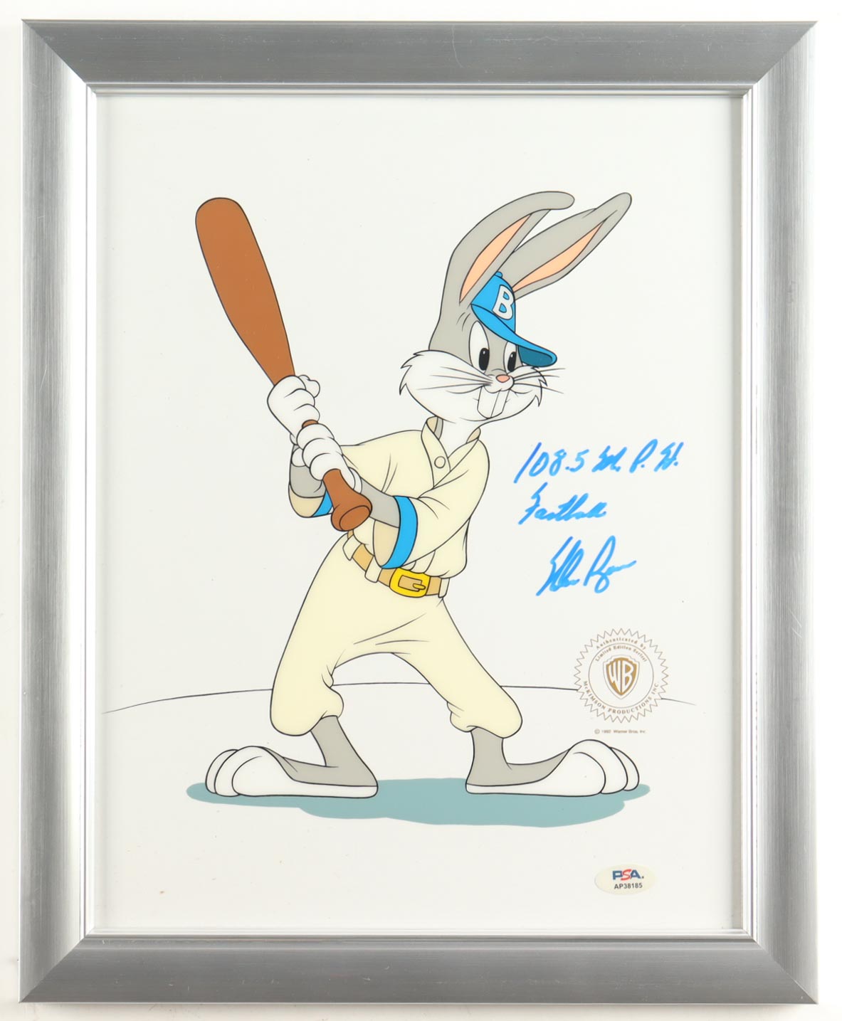 Nolan Ryan Signed "Looney Tunes" Custom Framed Original Film Cel Display Inscribed "108.5 M.P.H. Fastball" (PSA) at PristineAuction.com Nolan Ryan Signed "Looney Tunes" Custom Framed Original Film Cel Display Inscribed "108.5 M.P.H. Fastball" (PSA) at PristineAuction.com