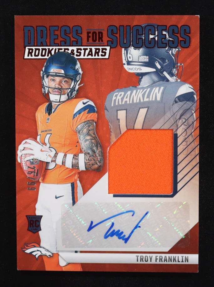 Troy Franklin 2024 Rookies and Stars Dress for Success Jersey Autographs #13 #26/99 RC at PristineAuction.com Troy Franklin 2024 Rookies and Stars Dress for Success Jersey Autographs #13 #26/99 RC at PristineAuction.com