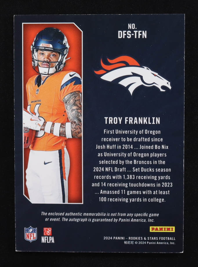 Troy Franklin 2024 Rookies and Stars Dress for Success Jersey Autographs #13 #26/99 RC at PristineAuction.com Troy Franklin 2024 Rookies and Stars Dress for Success Jersey Autographs #13 #26/99 RC at PristineAuction.com