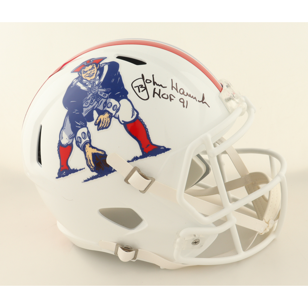 John Hannah Signed Patriots Full-Size Throwback Speed Helmet Inscribed "HOF 91" (Schwartz) at PristineAuction.com