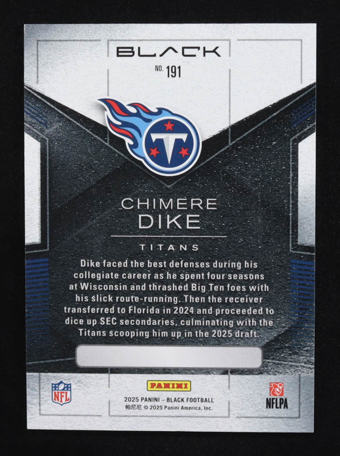 Chimere Dike 2025 Panini Black Sapphire #191 #25/50 RC at PristineAuction.com Chimere Dike 2025 Panini Black Sapphire #191 #25/50 RC at PristineAuction.com