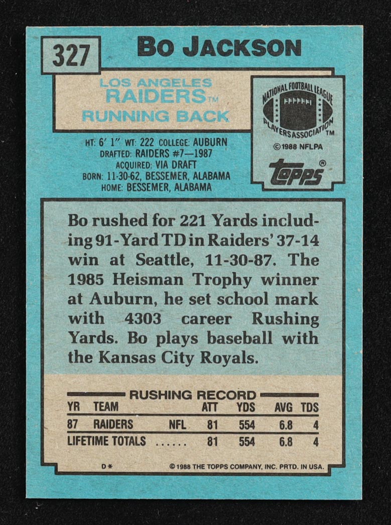 Bo Jackson 1988 Topps Super Rookie #327 RC at PristineAuction.com Bo Jackson 1988 Topps Super Rookie #327 RC at PristineAuction.com