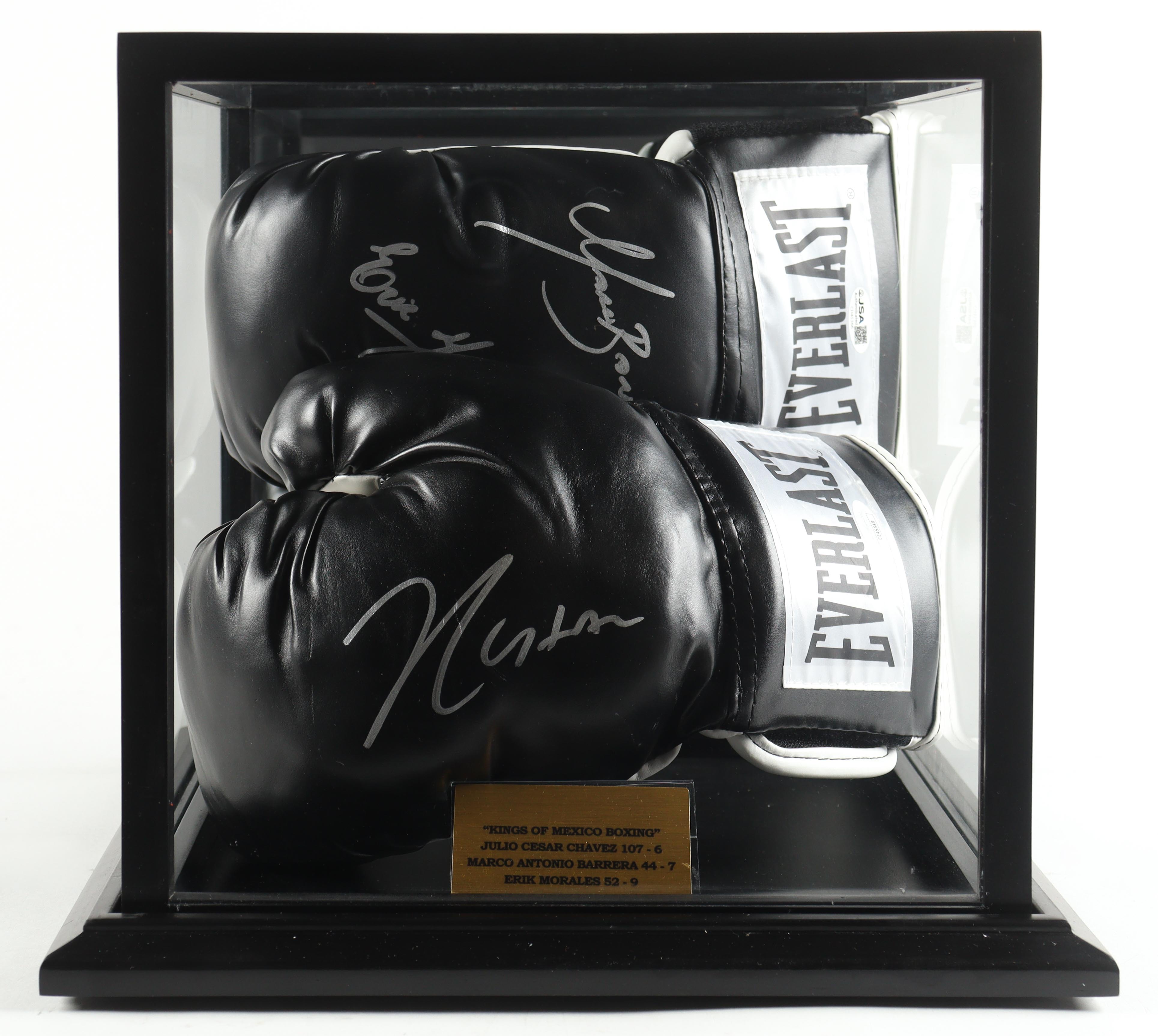 Julio Cesar Chavez, Marco Antonio Barrera & Erik Morales Signed Pair of Everlast Boxing gloves with Display Case (JSA) at PristineAuction.com Julio Cesar Chavez, Marco Antonio Barrera & Erik Morales Signed Pair of Everlast Boxing gloves with Display Case (JSA) at PristineAuction.com