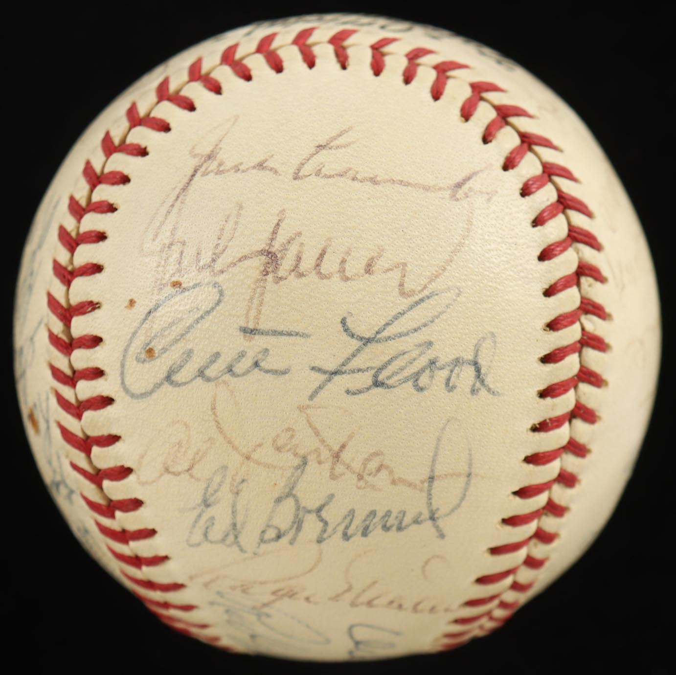 NL Greats ONL Baseball Signed by (26) with Lou Brock, Orlando Cepeda, Red Schoendienst, Ed Brunel (Beckett) at PristineAuction.com NL Greats ONL Baseball Signed by (26) with Lou Brock, Orlando Cepeda, Red Schoendienst, Ed Brunel (Beckett) at PristineAuction.com