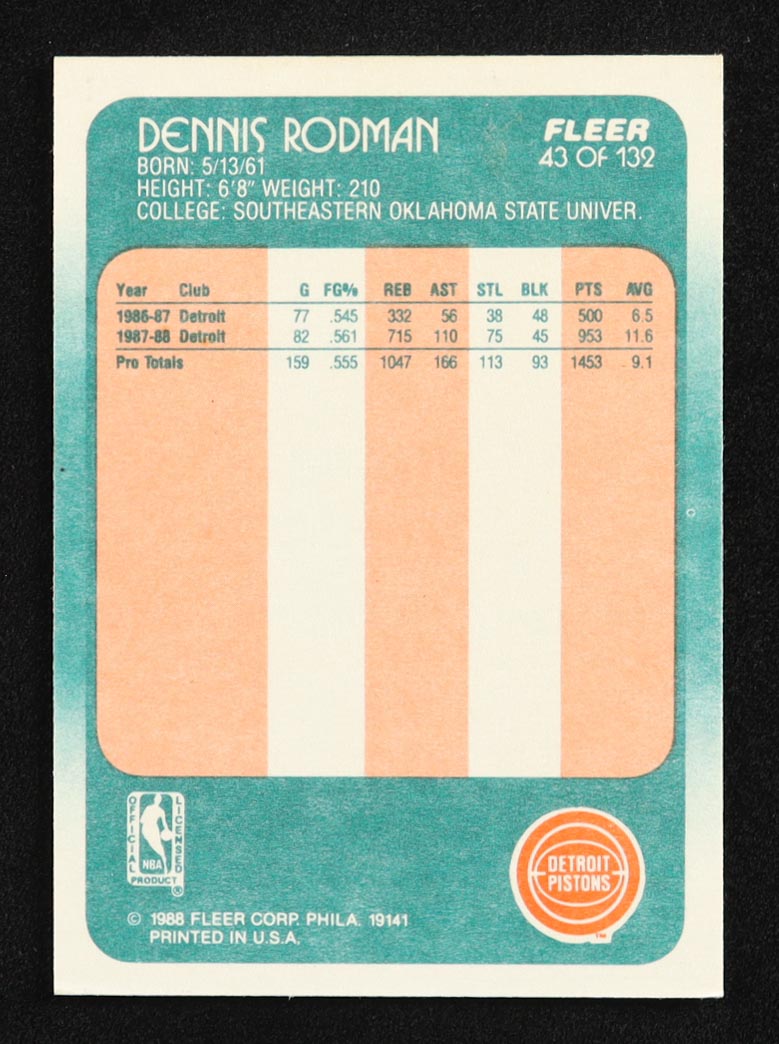 Dennis Rodman 1988 Fleer #43 RC at PristineAuction.com Dennis Rodman 1988 Fleer #43 RC at PristineAuction.com