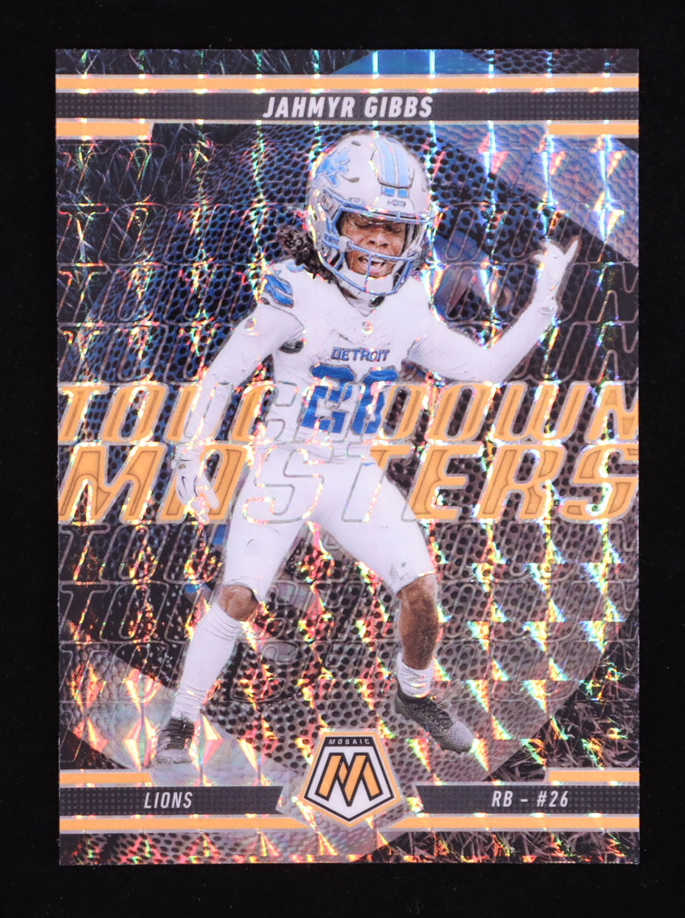Jahmyr Gibbs 2025 Panini Mosaic Touchdown Masters Mosaic Orange Fluorescent #6 at PristineAuction.com Jahmyr Gibbs 2025 Panini Mosaic Touchdown Masters Mosaic Orange Fluorescent #6 at PristineAuction.com