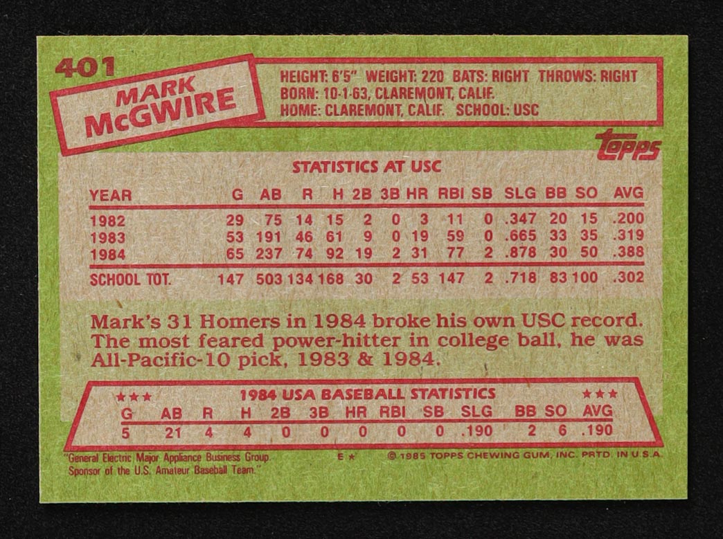 Mark McGwire 1985 Topps 84 USA Baseball Team #401 RC at PristineAuction.com Mark McGwire 1985 Topps 84 USA Baseball Team #401 RC at PristineAuction.com