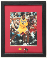 Michael Jordan vs Kobe Bryant Custom Framed Photo Display with Lakers & Bulls Logo Pin at PristineAuction.com