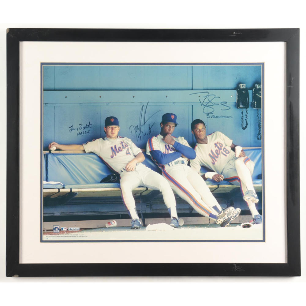 Dwight "Doc" Gooden, Darryl Strawberry & Lenny Dykstra Signed Mets Custom Framed Photo Display Inscribed "Strawman" & "Nails" (Steiner) at PristineAuction.com