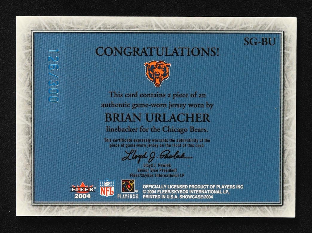 Brian Urlacher 2004 Fleer Showcase Blue Game-Worn Jersey #SG-BU #126/300 at PristineAuction.com Brian Urlacher 2004 Fleer Showcase Blue Game-Worn Jersey #SG-BU #126/300 at PristineAuction.com