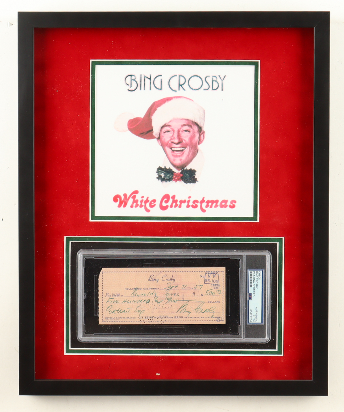 Bing Crosby Signed 1956 Custom Framed Bank Check (PSA) at PristineAuction.com Bing Crosby Signed 1956 Custom Framed Bank Check (PSA) at PristineAuction.com