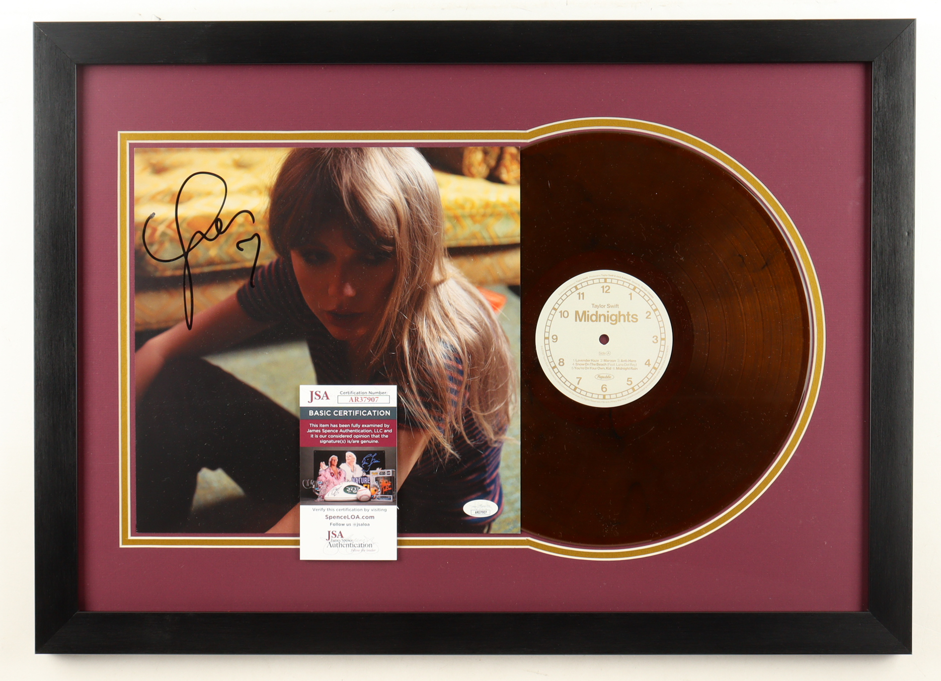Taylor Swift Signed Custom Framed "Midnights" Vinyl Album Display with Disc (JSA) at PristineAuction.com Taylor Swift Signed Custom Framed "Midnights" Vinyl Album Display with Disc (JSA) at PristineAuction.com